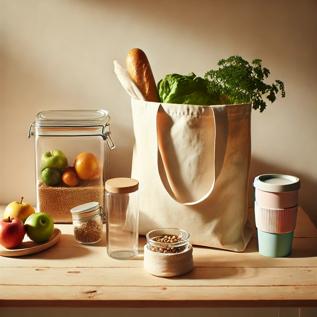 Foto einer hellen Holzoberfläche mit einer gefüllten Stofftasche, einem Glasbehälter und einem Mehrweg-Becher. Natürliches Licht und freundliche Farben, die Zero-Waste symbolisieren